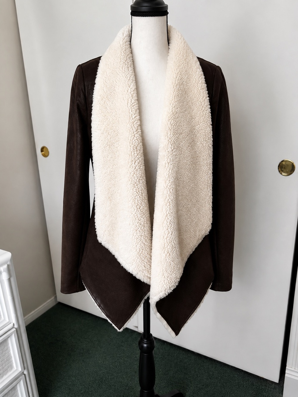 Brown Faux Suede Jacket with Cream Sherpa Fleece-Size 10